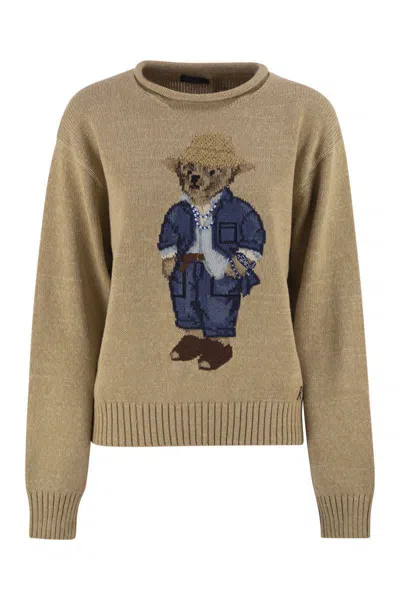 Polo Ralph Lauren Bear Polo Shirt With Rolled Collar In Beige