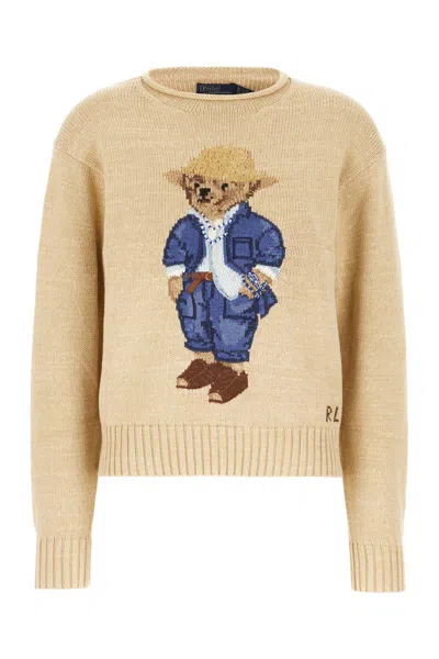 Polo Ralph Lauren Bear Polo Shirt With Rolled Collar In Beige