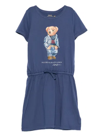 Polo Ralph Lauren Kids' Bear-print Drawstring-waist Dress In Blue