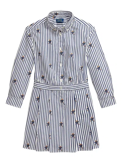 Polo Ralph Lauren Kids' Bear-print Striped-pattern Shirt Dress In Red