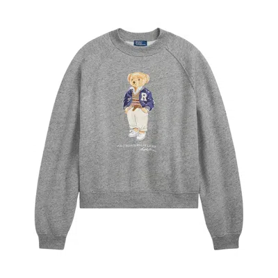 Pre-owned Polo Ralph Lauren Bear Printed Crewneck Sweatshirt 'dark Vintage Heather' | Grey | Women's Size L In Gray