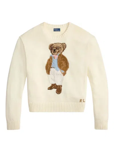 Polo Ralph Lauren Cotton Jumper With Intarsia Polo Bear In Neutral