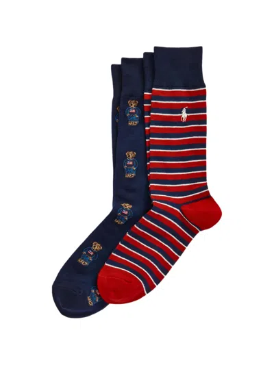 Polo Ralph Lauren Bear Striped Socks Set (set Of Two) In Multi