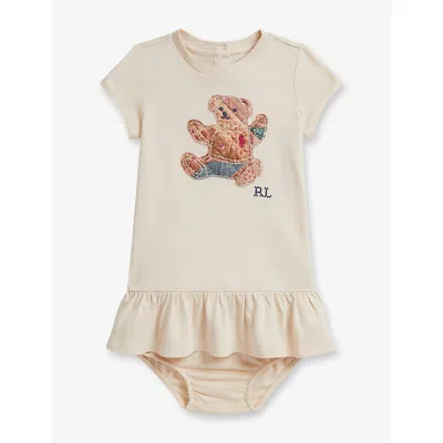Polo Ralph Lauren Kids' Baby Girl Sitting Bear Cotton-jersey Dress Beige In Animal Print