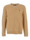 Polo Ralph Lauren Beige Cable Knit Crewneck Sweater With Pony Embroidery On The Front In Wool And Cashmere Man In Neutral