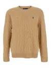 Polo Ralph Lauren Beige Cable Knit Crewneck Sweater With Pony Embroidery On The Front In Wool And Cashmere Man In Sand
