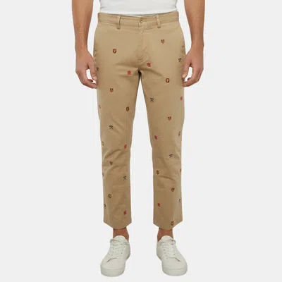 Pre-owned Polo Ralph Lauren Beige Crest Embroidered Gabardine Trousers L In Sand