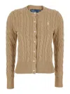 Polo Ralph Lauren Beige Crewneck Cable Knit Cardigan With Pony Embroidery On The Front In Cotton Woman In Brown