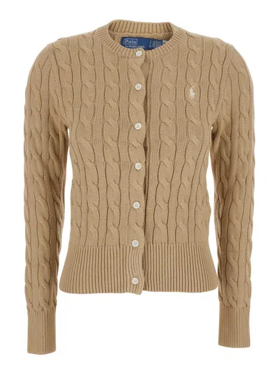 Polo Ralph Lauren Beige Crewneck Cable Knit Cardigan With Pony Embroidery On The Front In Cotton Woman In Brown