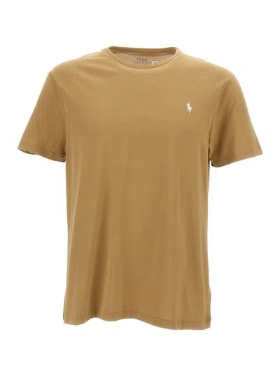 POLO RALPH LAUREN BEIGE CREWNECK T-SHIRT WITH PONY EMBROIDERY ON THE FRONT
