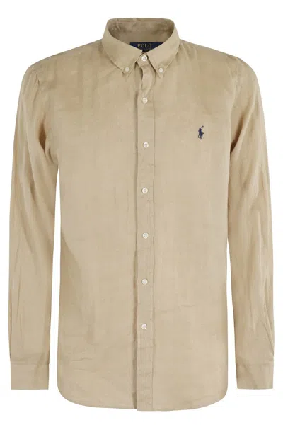 Polo Ralph Lauren Beige Linen Sport Shirt With Embroidered Logo In Gray