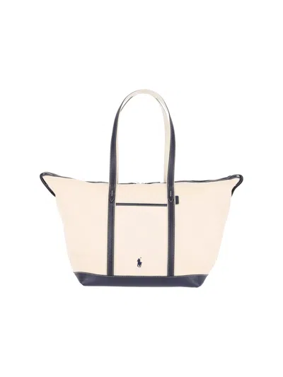 Polo Ralph Lauren Beige Logo Cotton-blend Tote Bag In Multi