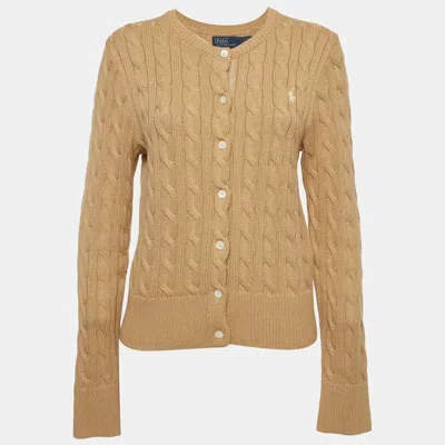 Pre-owned Polo Ralph Lauren Beige Logo Embroidered Cable Knit Cardigan L In Sand