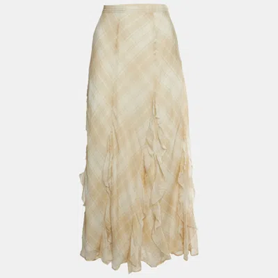 Pre-owned Polo Ralph Lauren Beige Plaid Print Crepe Ruffle Trim Maxi Skirt L In Sand