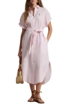 Polo Ralph Lauren Belted Linen Shirtdress In White/pink