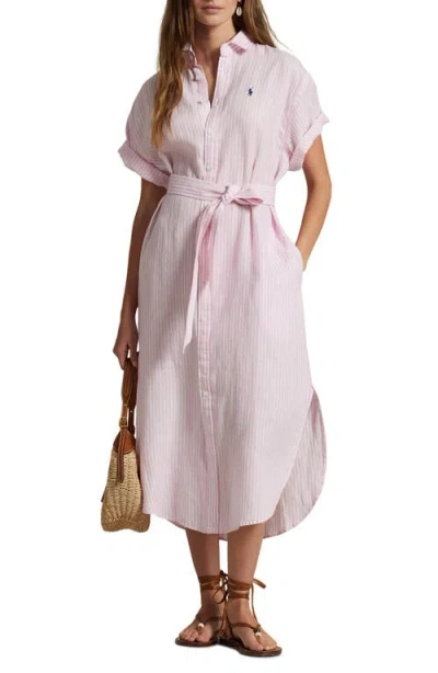 Polo Ralph Lauren Belted Linen Shirtdress In White,pink