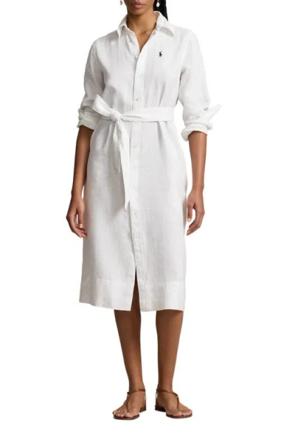 Polo Ralph Lauren Belted Long Sleeve Linen Shirtdress In White