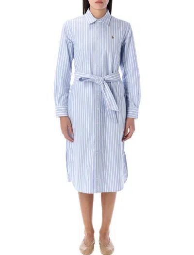 Polo Ralph Lauren Belted Oxford Shirt Dress In Light Blue Stripes