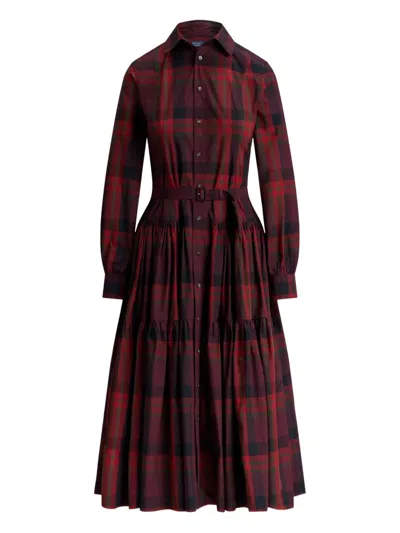 Polo Ralph Lauren Belted Plaid Red Plaid Cotton Modal Shirtdress In Multi