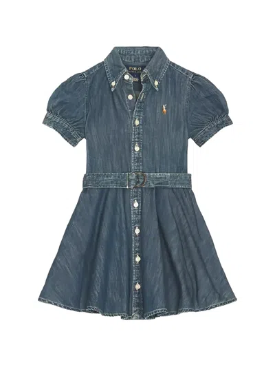 Polo Ralph Lauren Kids' Belted Puff-sleeves Dress In Blue
