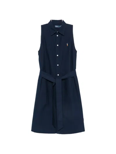 Polo Ralph Lauren Belted Sleeveless Shirt Mini Dress In Blue