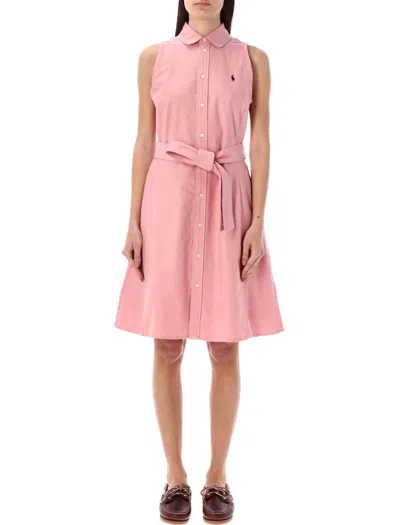 Polo Ralph Lauren Belted Sleeveless Shirtdress In Pink