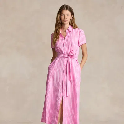 Polo Ralph Lauren Belted Striped Linen Shirtdress In Pink