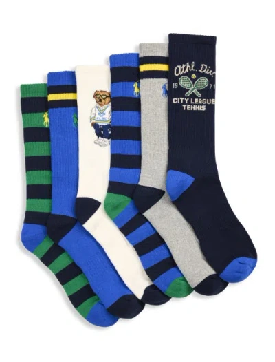 Polo Ralph Lauren Big & Tall 6-pk Athletic Bear Crew Socks In Blue Multi