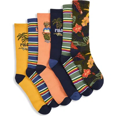 Polo Ralph Lauren Big & Tall 6-pk Surf Club Bear Crew Socks In Multi