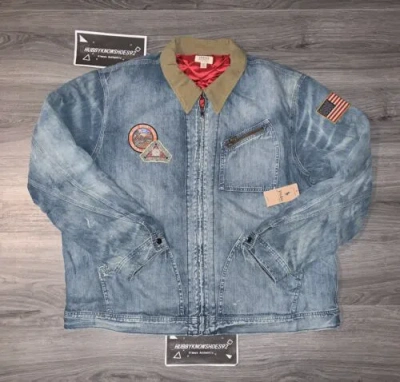 Pre-owned Polo Ralph Lauren Big & Tall Distressed Graphic Patch Full-zip Denim Jacket In Blue