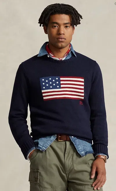 Pre-owned Polo Ralph Lauren Big & Tall Navy Blue American Flag Knit Crewneck Sweater
