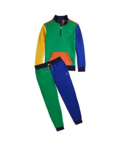 Polo Ralph Lauren Kids' Big Boys Color Blocked Double Knit Sweatshirt Color Blocked Double Knit Jogger Pant Set In Stafford Green Multi