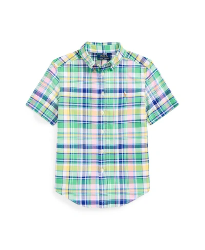 Polo Ralph Lauren Kids' Big Boys Plaid Cotton Oxford Short Sleeve Shirt In Green,pink Multi