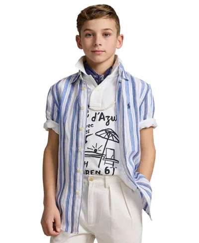 Polo Ralph Lauren Kids' Big Boys Striped Linen Short-sleeve Shirt In White Blue Multi