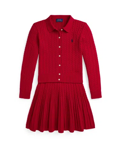 Polo Ralph Lauren Big Girls Cotton Polo Cardigan Skirt Set In Red