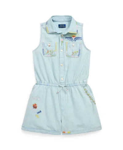 Polo Ralph Lauren Kids' Big Girls Embroidered Cotton Chambray Romper In Light Summer Wash