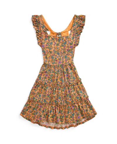 Polo Ralph Lauren Kids' Big Girls Floral Ruffled Cotton Jersey Dress In Tropical Woodblock With Dark Pink