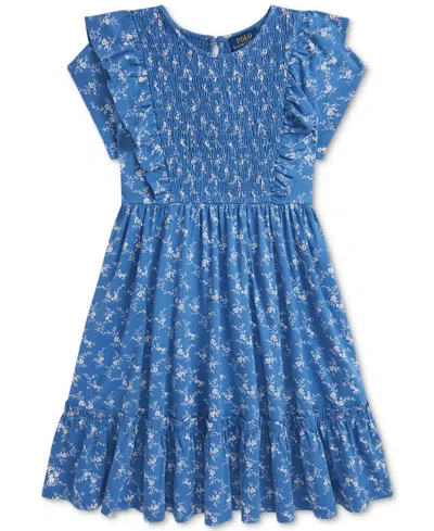 Polo Ralph Lauren Kids' Big Girls Floral Smocked Cotton Jersey Dress In Blue