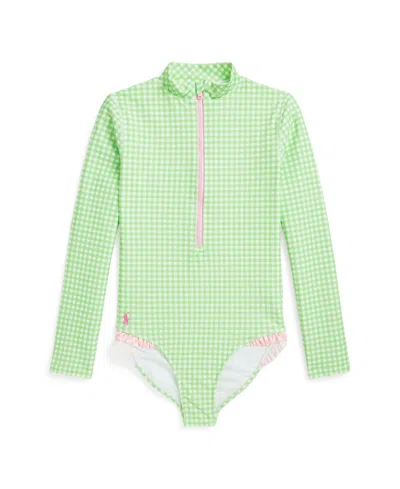 Polo Ralph Lauren Kids' Big Girls Gingham Ruffled One-piece Rash Guard In Green Gingham,pink