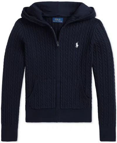 Polo Ralph Lauren Kids' Big Girls Mini-cable Cotton Full-zip Hoodie In Navy