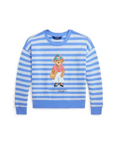 Polo Ralph Lauren Kids' Big Girls Polo Bear French Terry Long Sleeve Sweatshirt In Harbor Island Blue With Oxfordblue