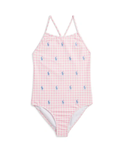 Polo Ralph Lauren Kids' Big Girls Polo Pony Round Neck One-piece Swimsuit In Carmel Pink Gingham With Blue Hyacinth