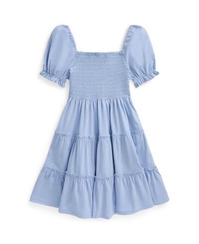 Polo Ralph Lauren Kids' Big Girls Smocked Cotton Jersey Dress In Blue Hyacinth With White