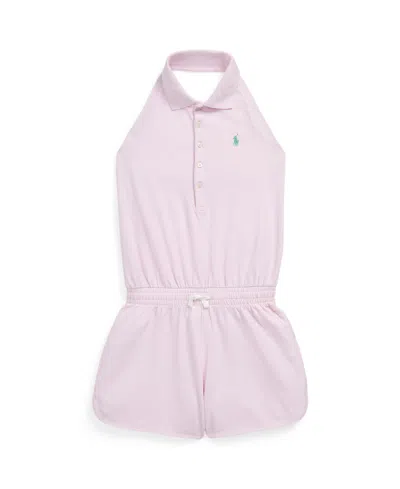 Polo Ralph Lauren Kids' Big Girls Stretch Mesh Halter Polo Romper In Deco Pink With Light Green