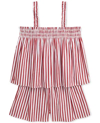 Polo Ralph Lauren Kids' Big Girls Striped Cotton Poplin Top & Short Set In Red