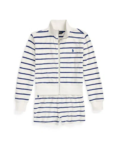 Polo Ralph Lauren Kids' Big Girls Striped Cotton Terry Jacket And Shorts Set In Deckwash White With Brillsapphire