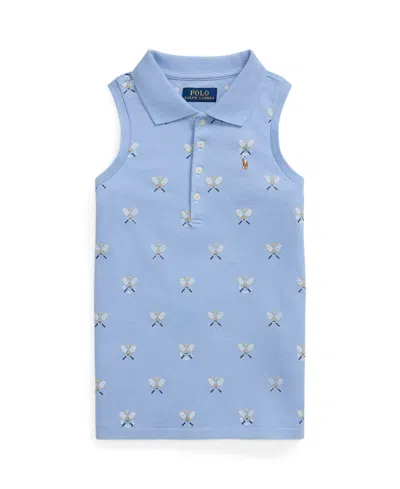 POLO RALPH LAUREN BIG GIRLS TENNIS PRINT MESH SLEEVELESS POLO SHIRT