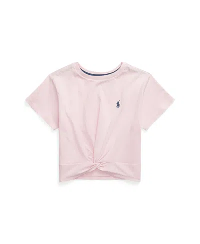 Polo Ralph Lauren Kids' Big Girls Twist-front Cotton Jersey Short Sleeve T-shirt In Hint Of Pink With Rustic Navy