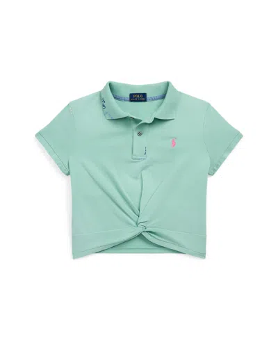 Polo Ralph Lauren Kids' Big Girls Twist-front Stretch Mesh Polo Shirt In Celadon With Pink
