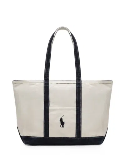 Polo Ralph Lauren Big Pony Logo Tote Bag In Cream And Navy Cotton In Neutral